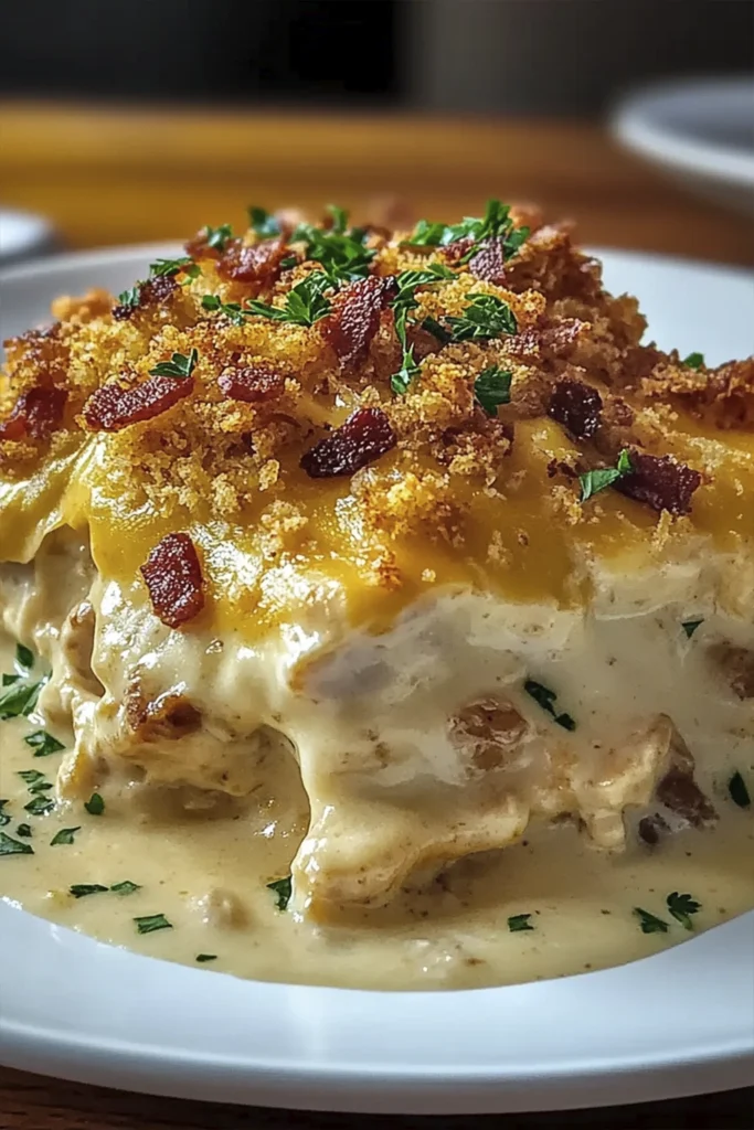 Creamy smothered chicken casserole with crispy bacon, melted cheese, and garlic parmesan sauce on a white plate.
