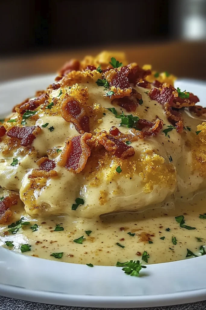 Creamy smothered chicken topped with crispy bacon and melted cheese in rich garlic parmesan sauce.