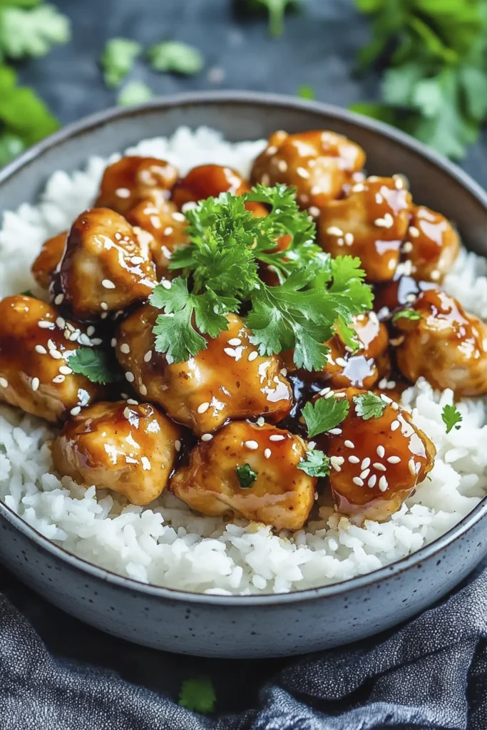 Honey garlic chicken rice bowl topped with sesame seeds and fresh herbs served over white rice.