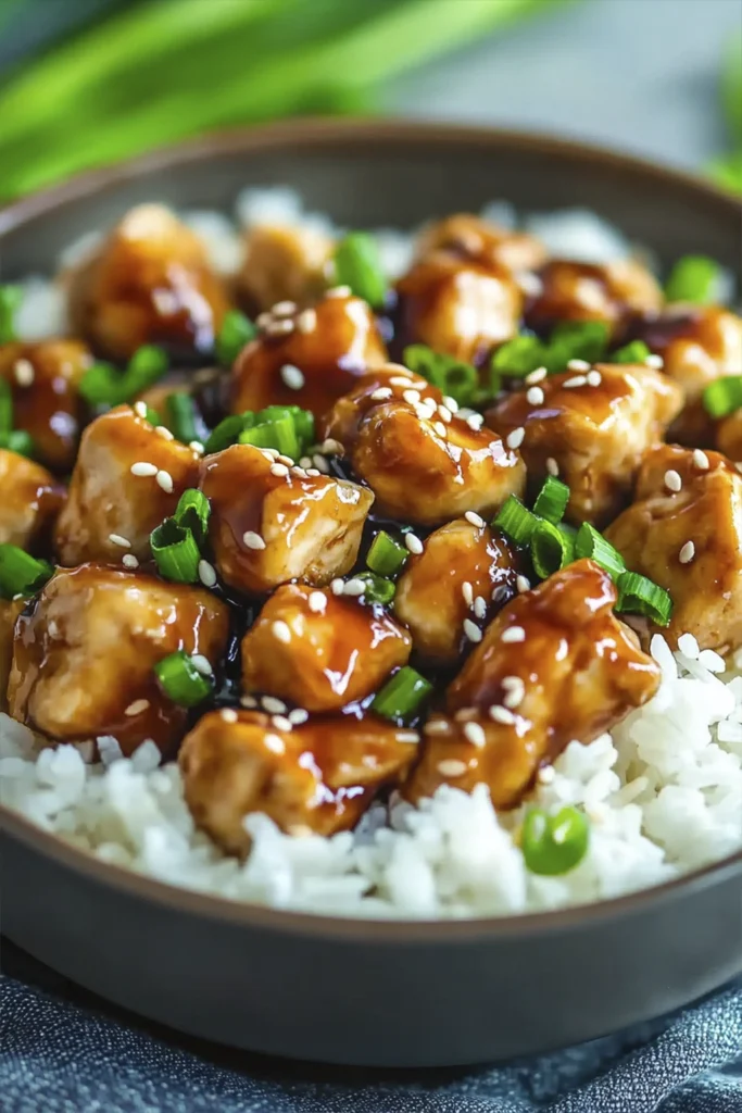 Teriyaki chicken rice bowl topped with sesame seeds and green onions served over white rice.