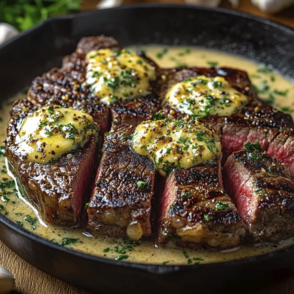 Juicy medium-rare ribeye steak sliced in a cast iron skillet topped with melted garlic herb butter and creamy pan sauce.