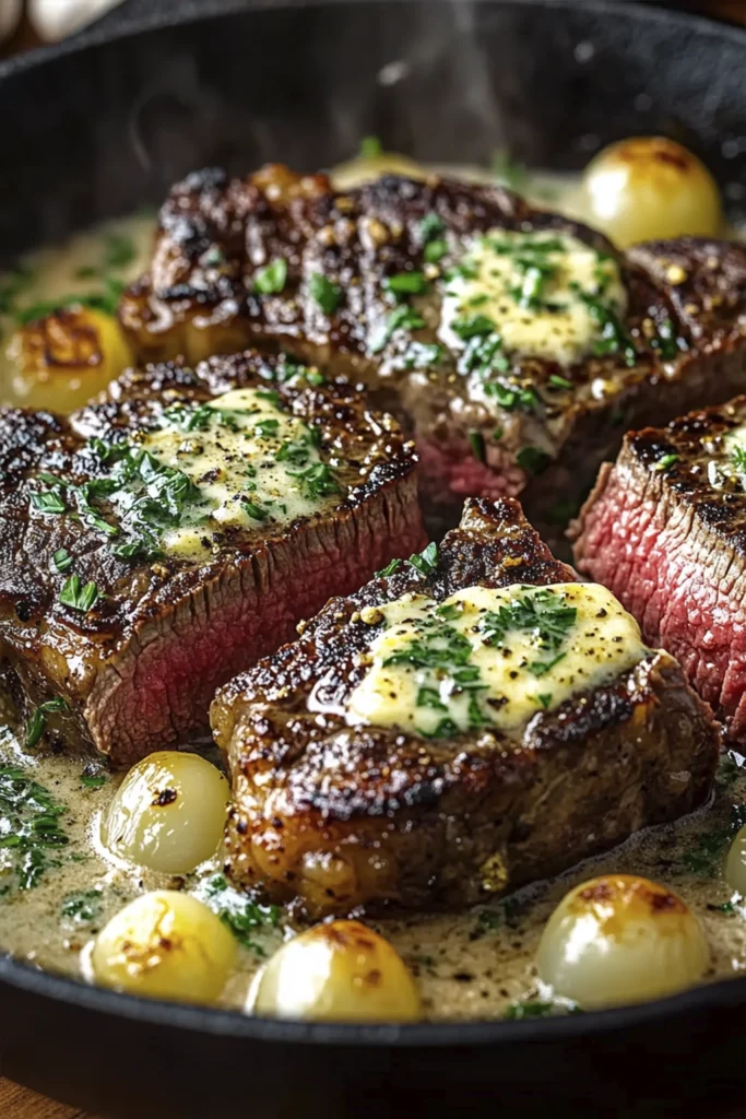 Medium-rare ribeye steak sliced in a cast iron skillet topped with creamy garlic herb butter and roasted onions.
