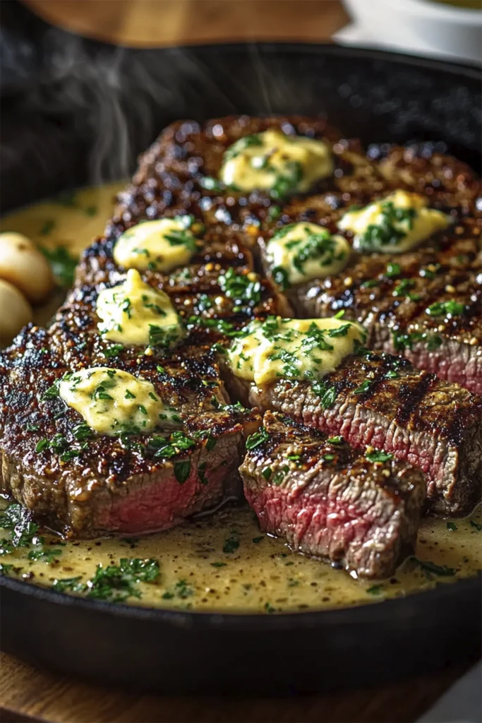 Medium-rare cast iron skillet steak sliced and topped with creamy garlic herb butter and roasted garlic cloves.