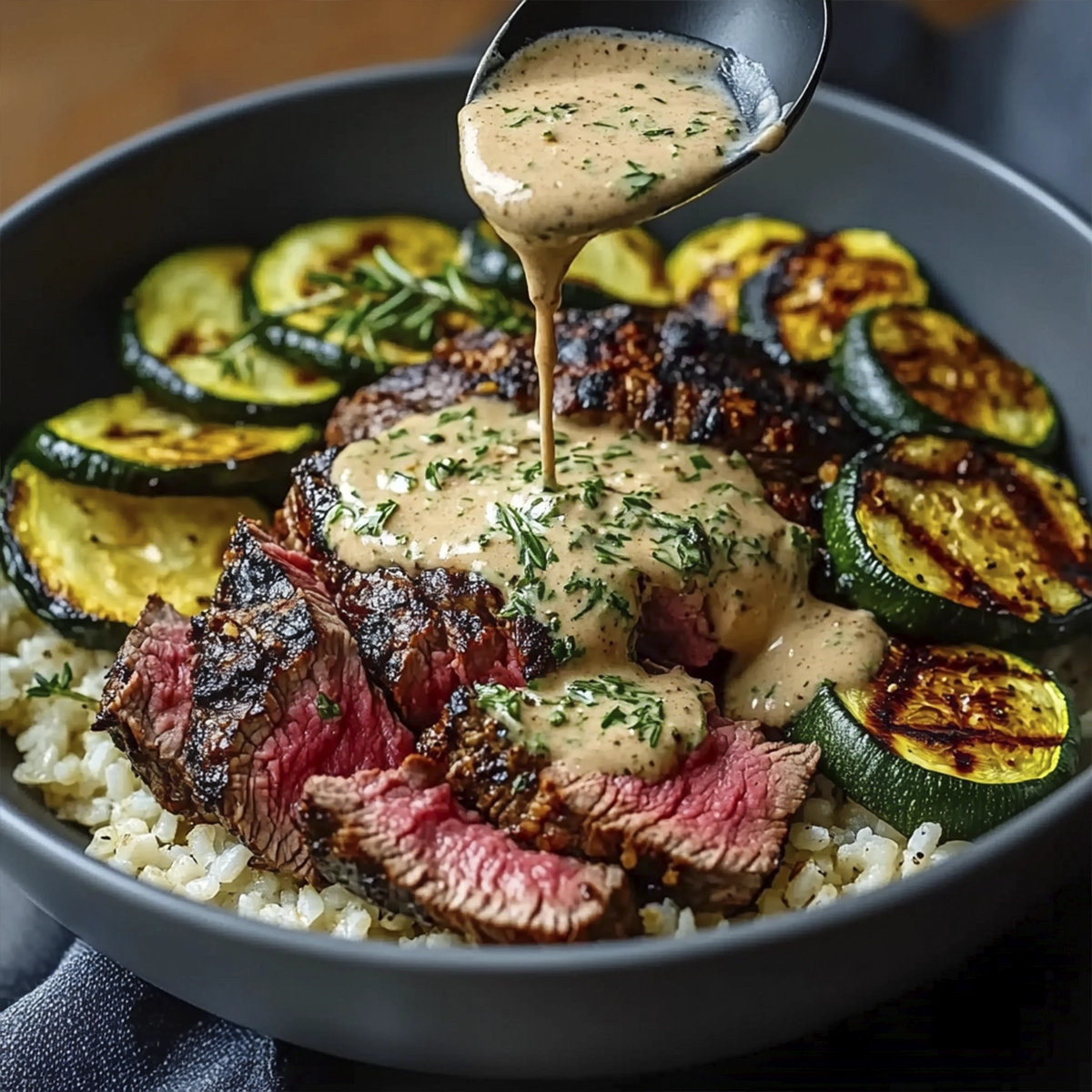 Medium-rare grilled steak bowl with charred zucchini, rice, and creamy herb sauce being poured on top.