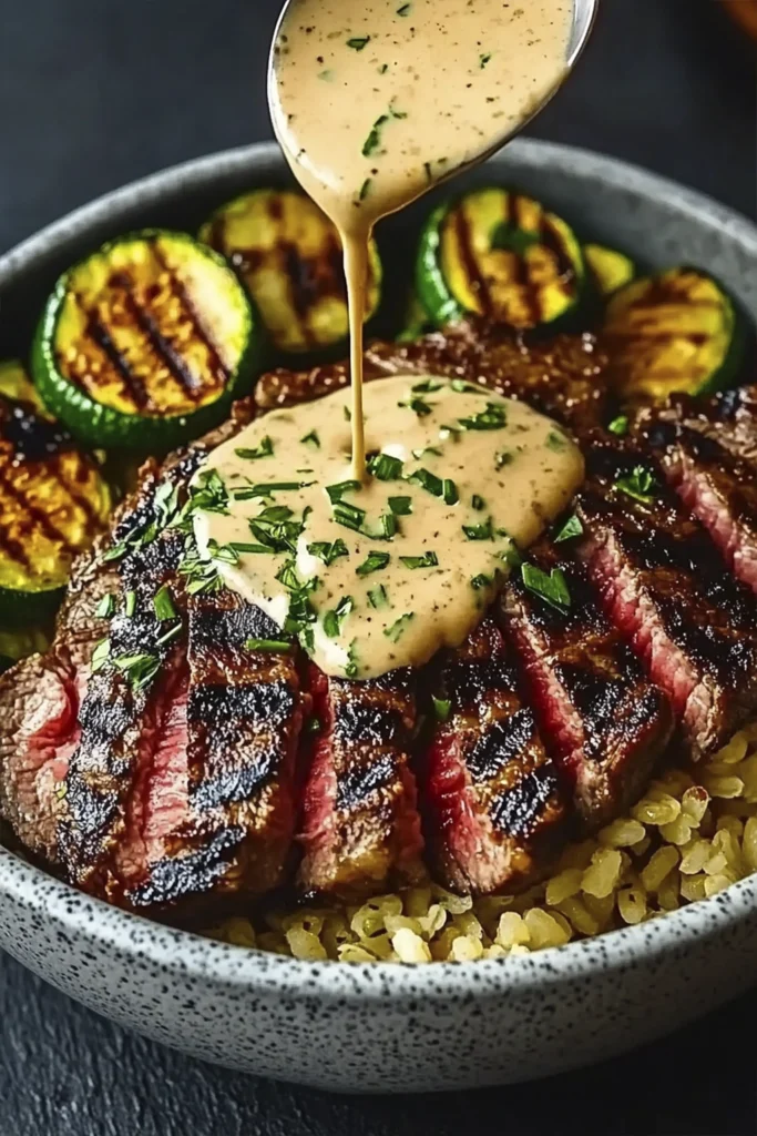Medium-rare sliced steak bowl with grilled zucchini, brown rice, and creamy garlic herb sauce being poured on top.