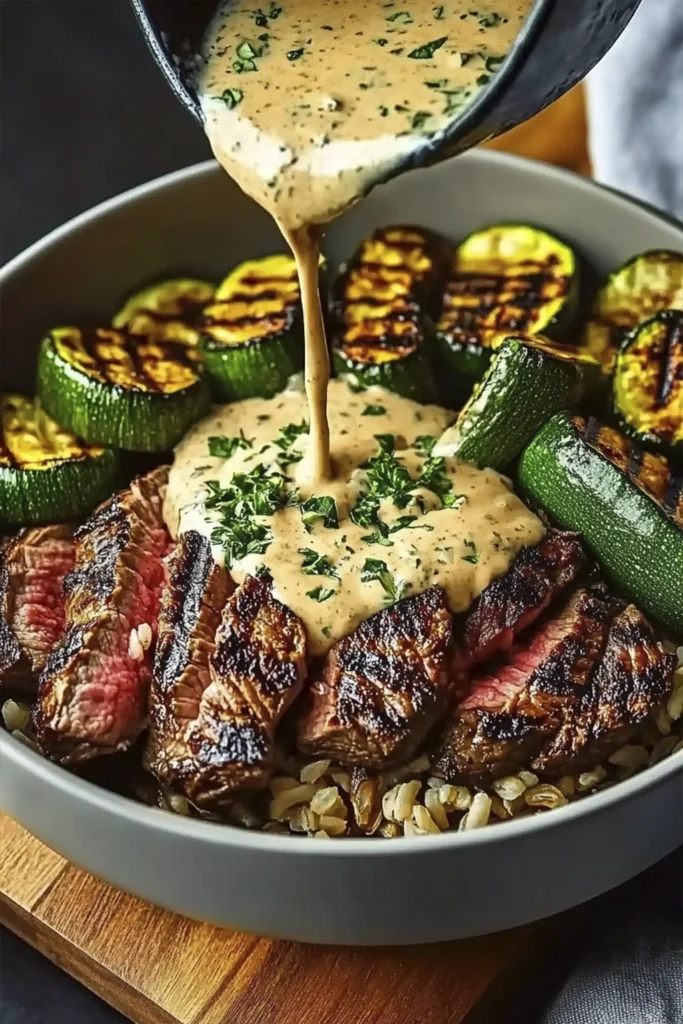 Medium-rare sliced steak bowl with grilled zucchini, brown rice, and creamy garlic herb sauce poured on top.