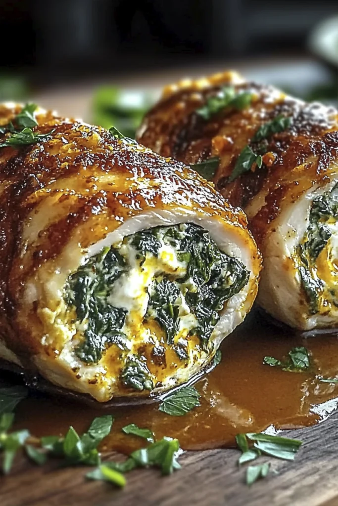 Close-up of golden crispy stuffed chicken rolls filled with creamy spinach and ricotta on wooden board.