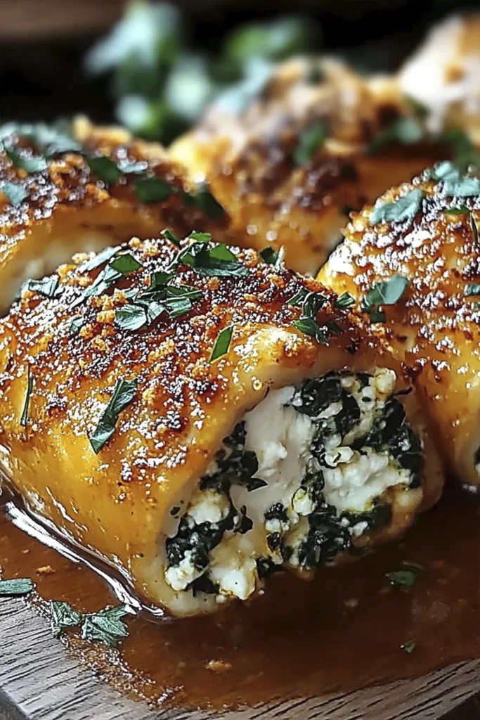 Close-up of crispy parmesan crusted stuffed chicken with creamy spinach and ricotta filling on wooden board.
