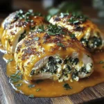 Close-up of stuffed chicken breast filled with creamy spinach and ricotta on a rich orange sauce.