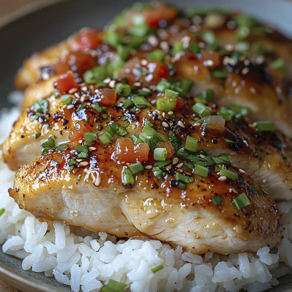 Honey garlic chicken breasts glazed with sticky sauce and topped with green onions, served over white rice.