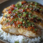 Honey garlic chicken breasts glazed with sticky sauce and topped with green onions, served over white rice.