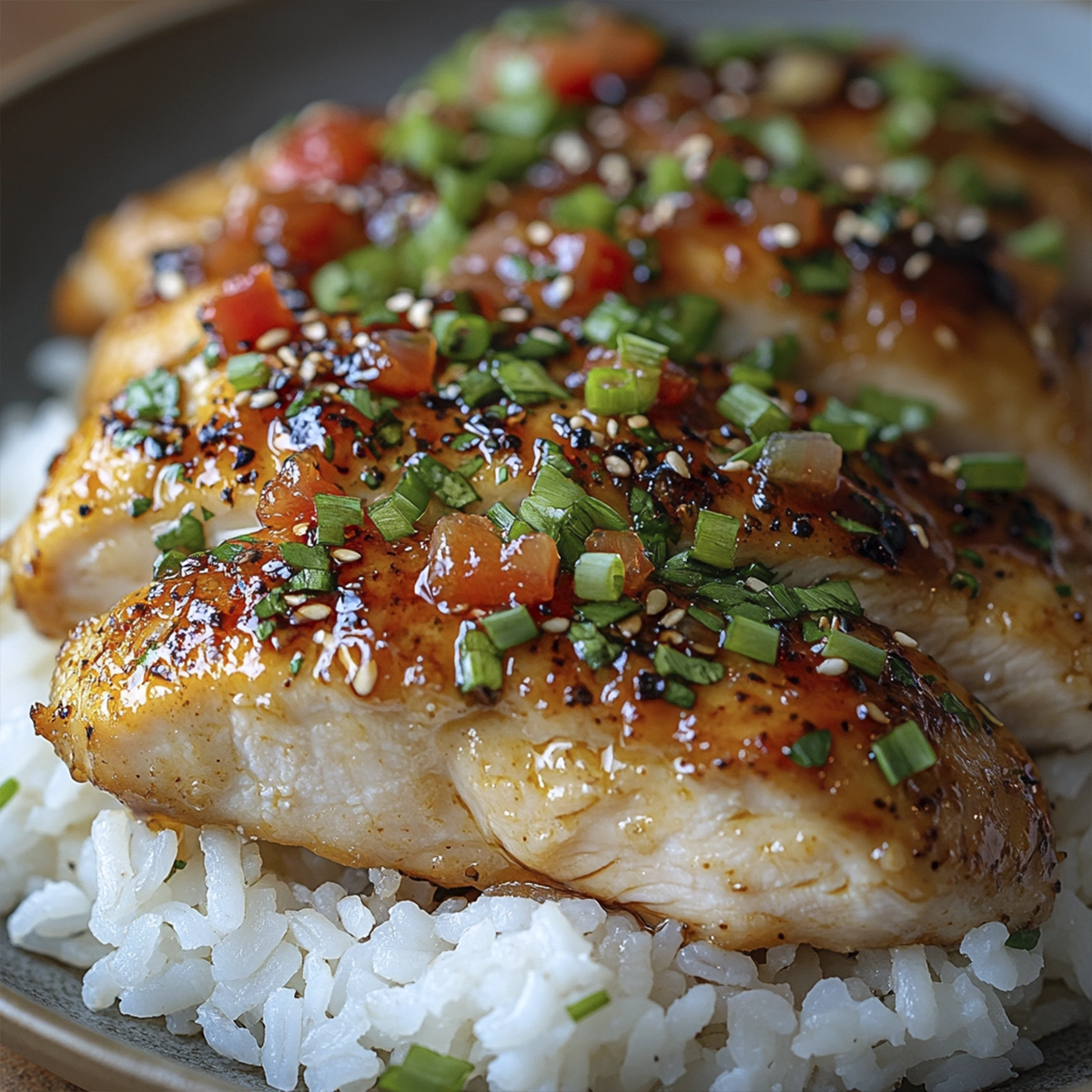 Honey garlic chicken breasts glazed with sticky sauce and topped with green onions, served over white rice.
