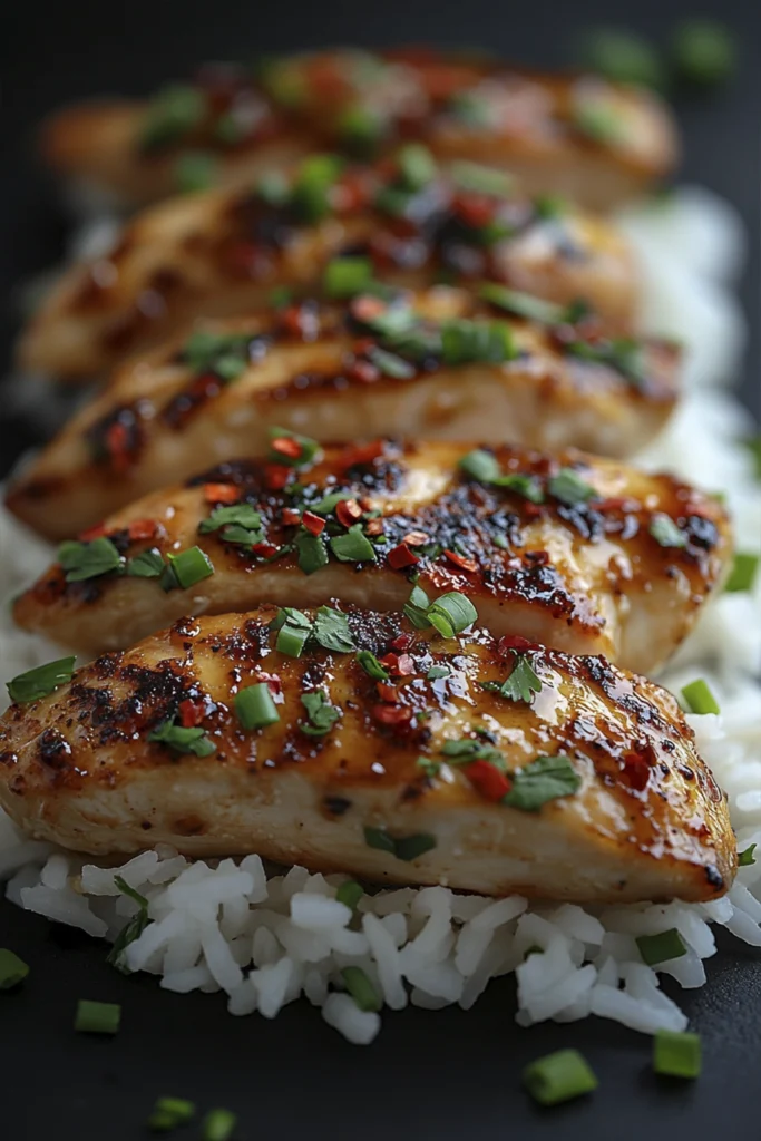 Close-up of honey garlic glazed chicken breasts with green onions served over white rice.