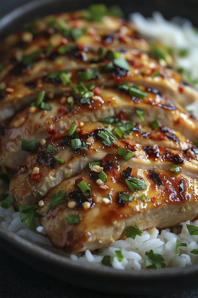 Extreme close-up of honey garlic glazed chicken with green onions served over white rice.
