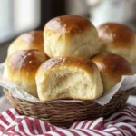 Soft fluffy homemade dinner rolls with golden brown tops in a basket lined with a striped towel.