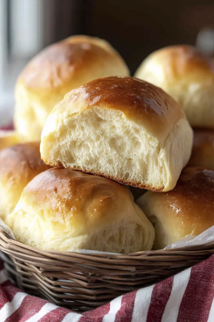 Soft homemade dinner rolls with golden tops in a basket, one roll torn open to show fluffy interior.