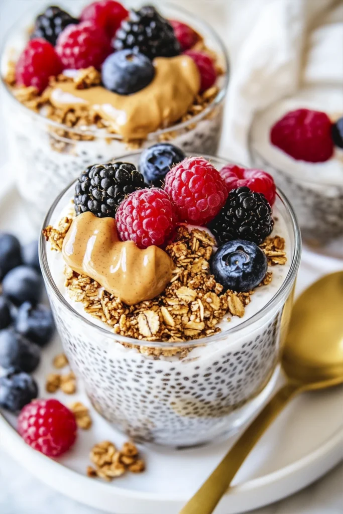 Chia pudding parfait topped with fresh berries, granola, and peanut butter drizzle in a clear glass.