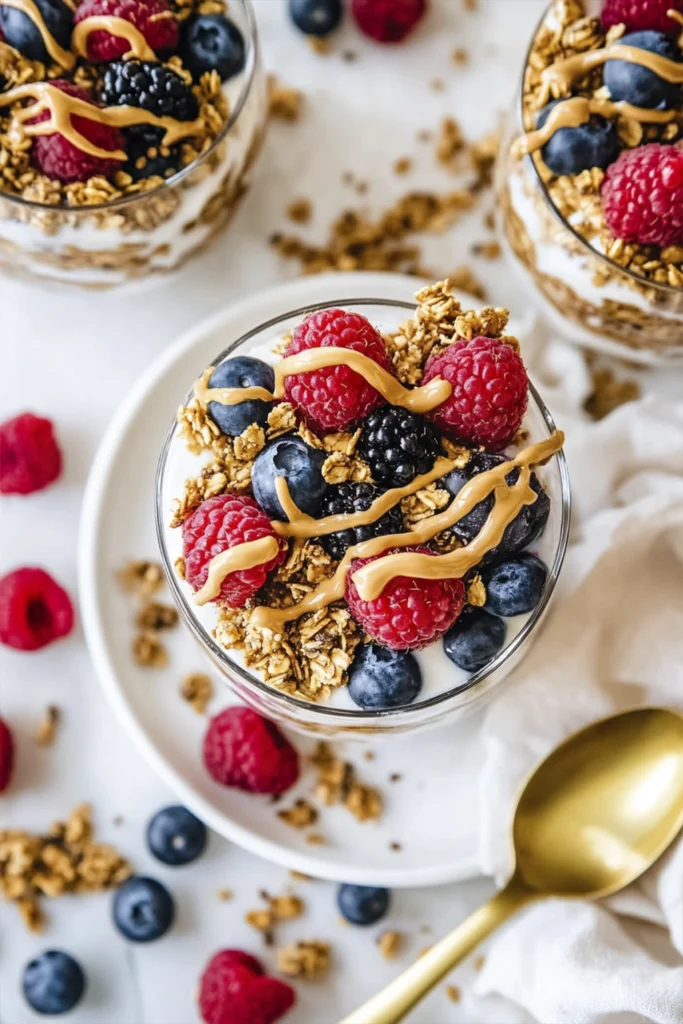 Top-down view of berry and granola yogurt parfaits with peanut butter drizzle on a white surface.