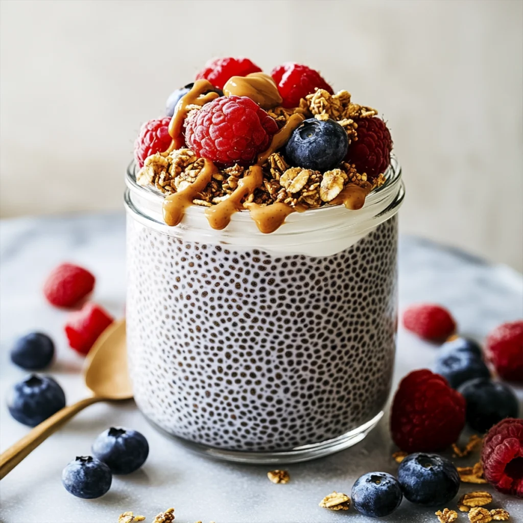 Chia seed pudding topped with raspberries, blueberries, granola, yogurt, and peanut butter drizzle in a glass jar.