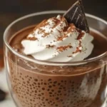 Chocolate chia pudding in a glass topped with whipped cream, cocoa powder, and chocolate shard