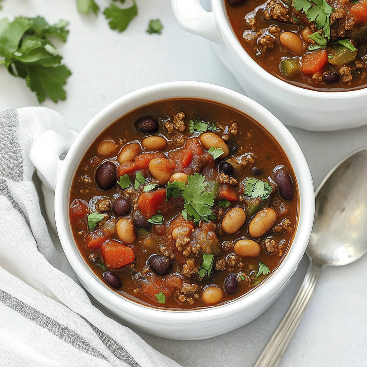 Hearty beef and bean chili with kidney beans, black beans, and fresh cilantro in a white bowl.