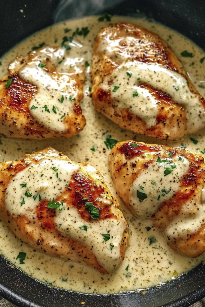 Close-up of sliced creamy garlic parmesan chicken on a spoon with rich herb sauce and parsley garnish.