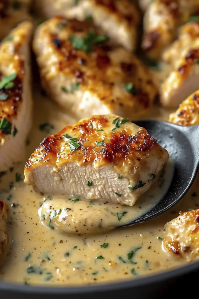 Close-up of creamy garlic parmesan chicken breasts in a rich white herb sauce with parsley garnish.