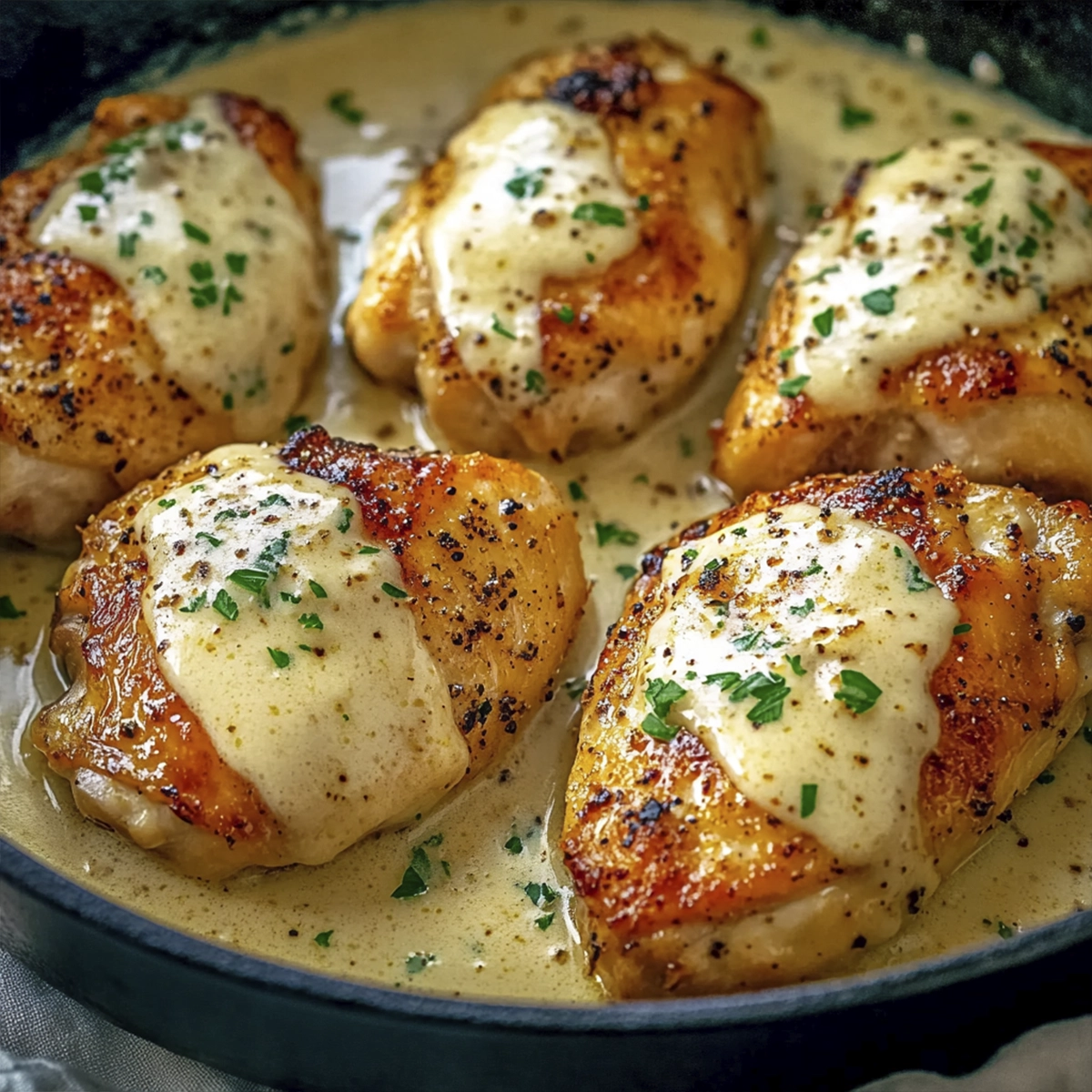 Close-up of creamy garlic parmesan chicken thighs with golden seared skin and rich sauce in a skillet.