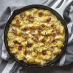 Cheesy potato casserole baked in a white cast iron skillet topped with crispy bacon and melted cheddar cheese.