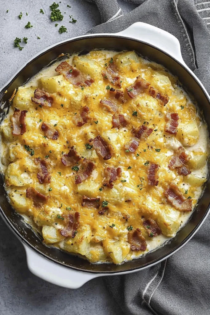 Cheesy potato casserole baked in a white skillet with crispy bacon and melted cheddar cheese.