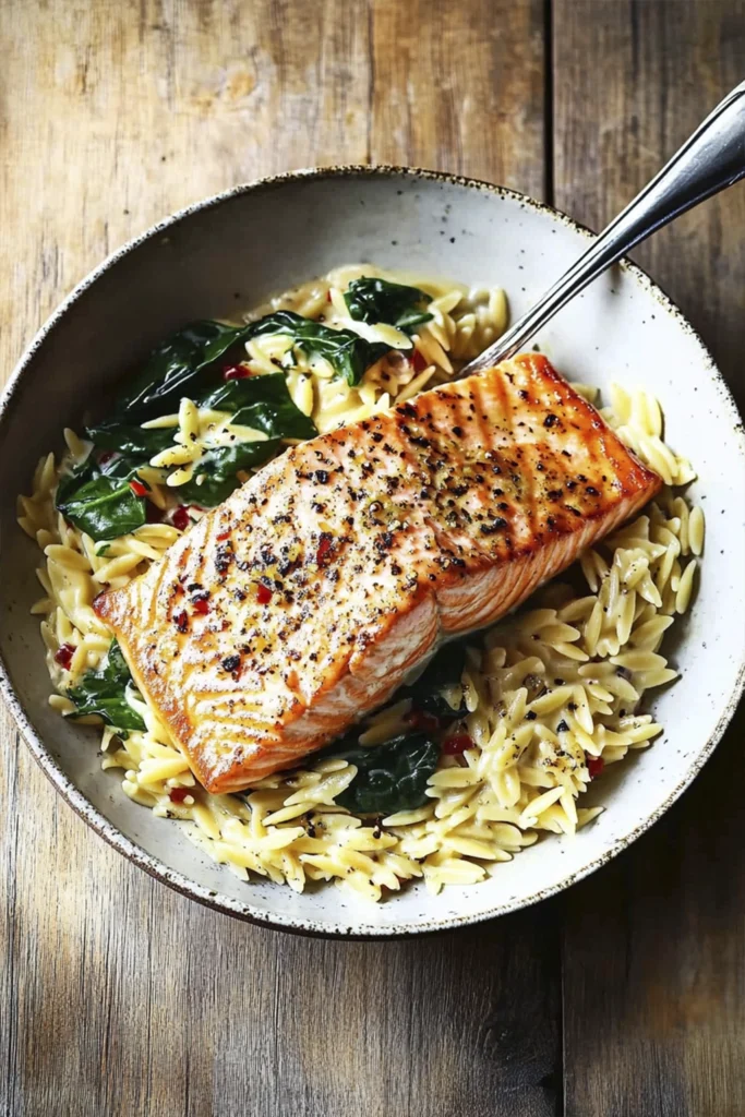 Overhead view of crispy pan-seared salmon served over creamy lemon garlic orzo with spinach in a rustic ceramic bowl.