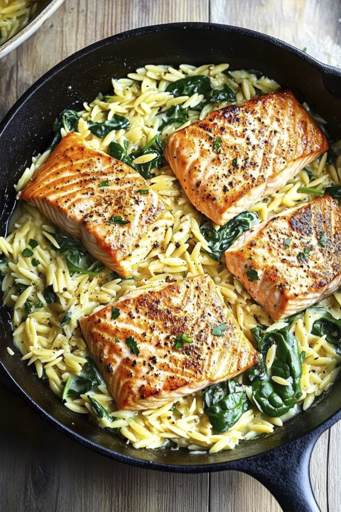 Overhead view of pan-seared salmon fillets served over creamy lemon garlic orzo with fresh spinach in a rustic skillet.