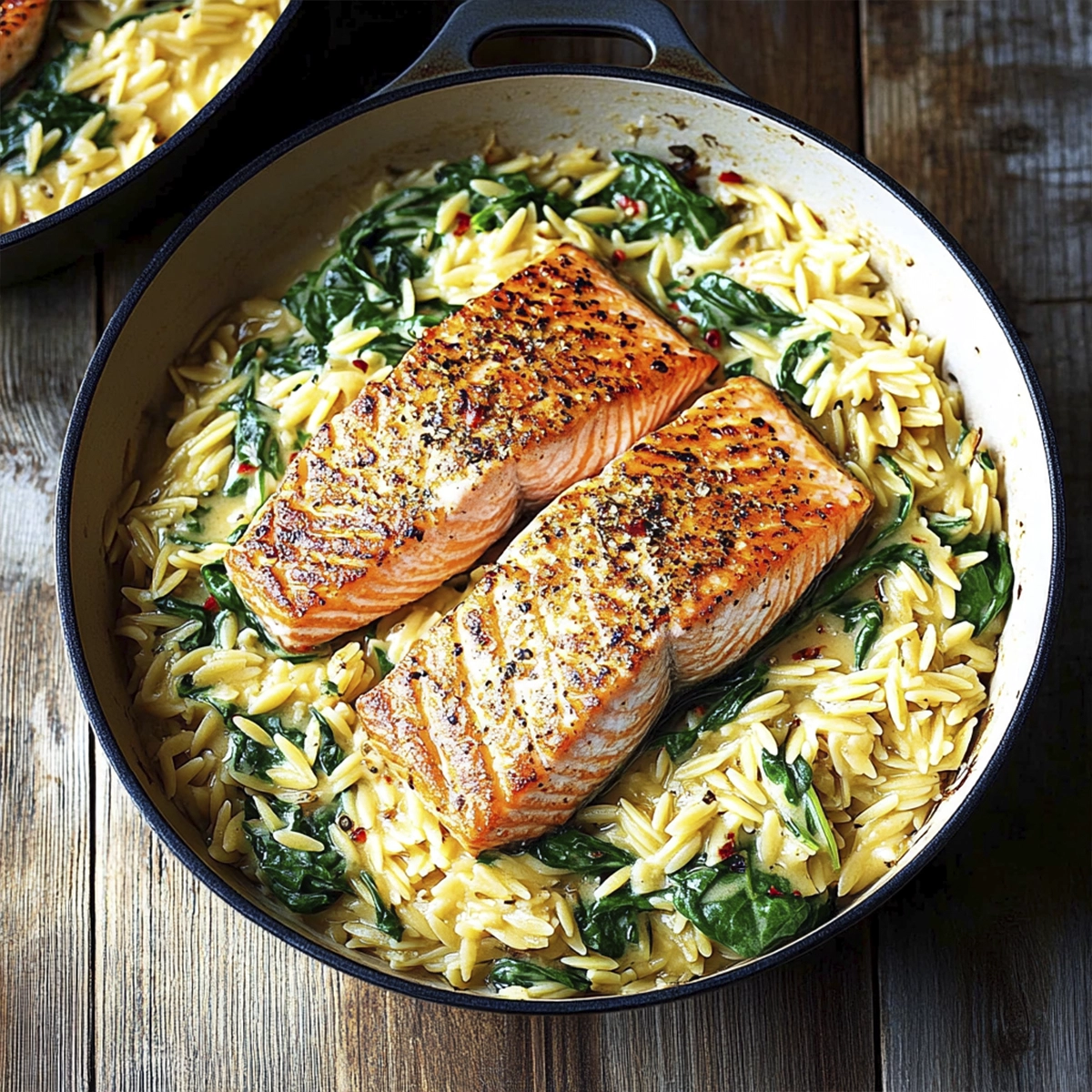 Pan-seared salmon fillet with crispy golden crust served over creamy garlic butter orzo and sautéed spinach in a rustic bowl on a wooden table.