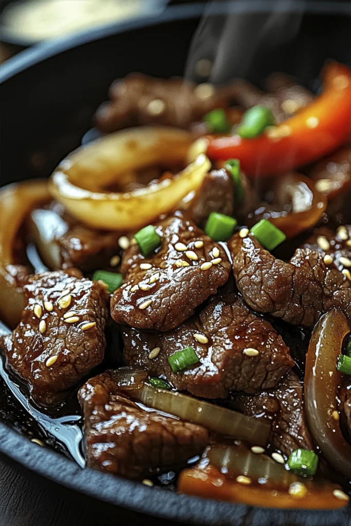 Close-up of beef stir fry with red bell peppers, onions, sesame seeds, and green onions in a skillet.