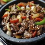 Close-up of garlic soy beef stir fry with red bell peppers, onions, green onions, and sesame seeds in a skillet.