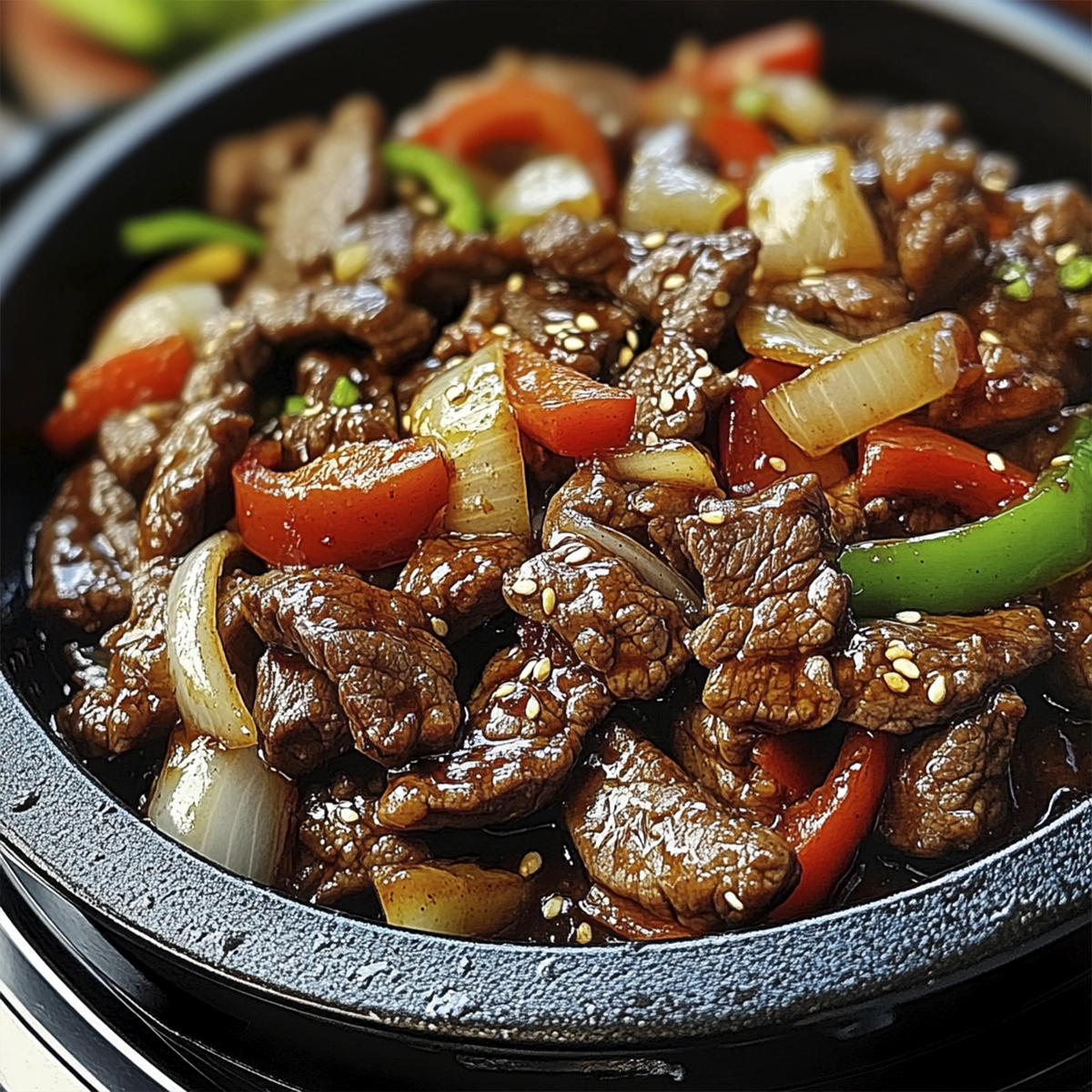 Close-up of garlic soy beef stir fry with red bell peppers, onions, green onions, and sesame seeds in a skillet.