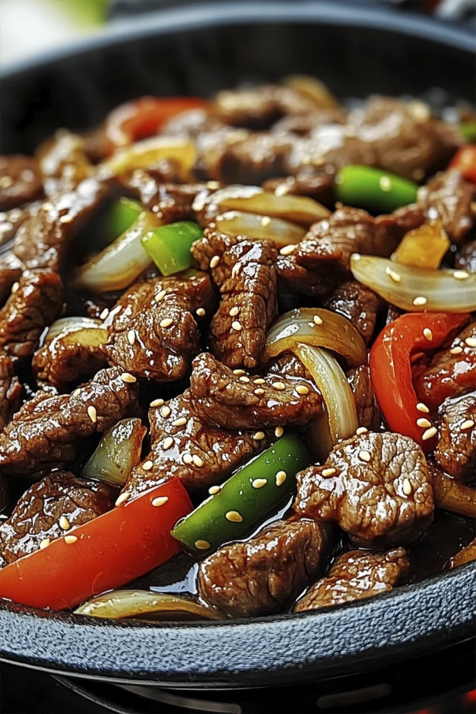 Close-up of beef stir fry with caramelized onions, bell peppers, sesame seeds, and green onions in a skillet.
