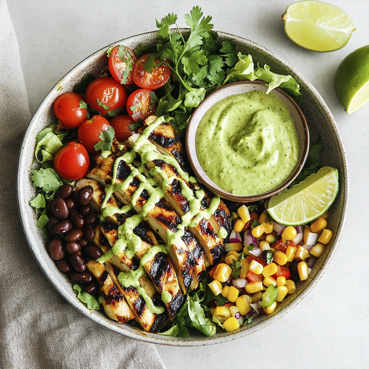 Grilled chicken salad bowl with black beans, corn, cherry tomatoes, red onions, romaine lettuce, and creamy avocado cilantro lime dressing drizzled on top.