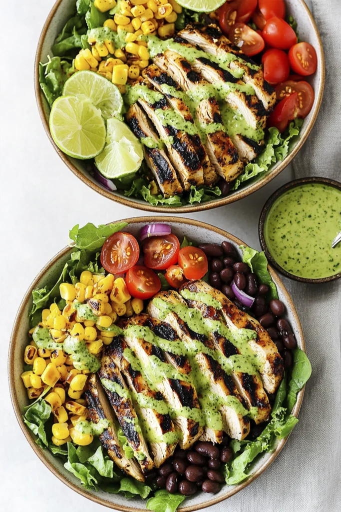 Overhead view of grilled chicken salad bowls topped with creamy cilantro lime dressing, black beans, corn, cherry tomatoes, red onion, and lime wedges.
