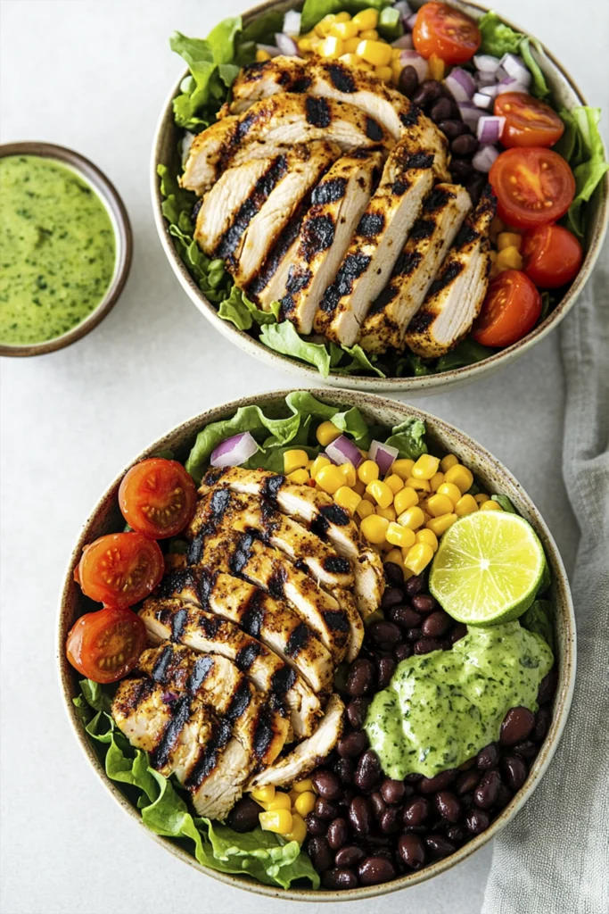 Overhead view of grilled chicken salad bowls with black beans, corn, cherry tomatoes, red onion, romaine lettuce, lime wedge, and creamy cilantro lime dressing.