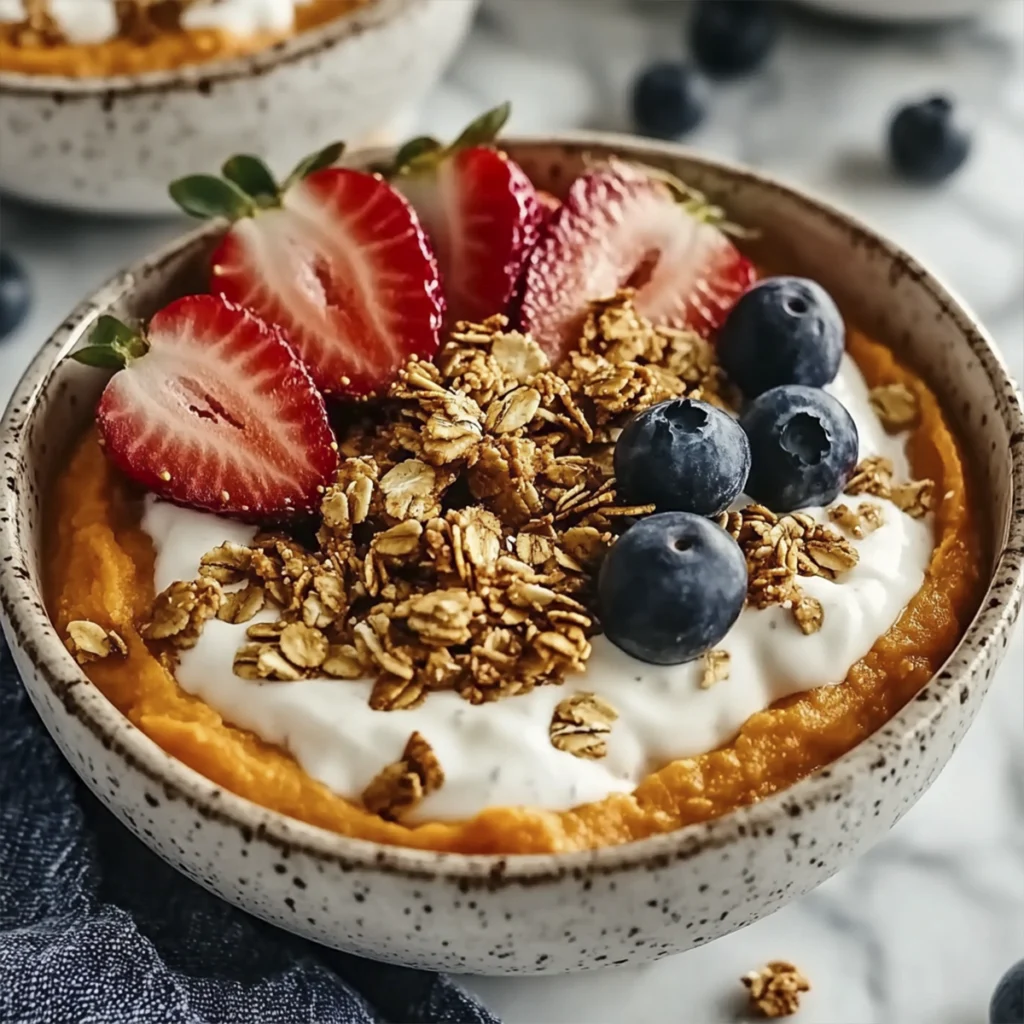 Sweet potato breakfast bowl with strawberries, blueberries, granola, and coconut yogurt in a rustic bowl