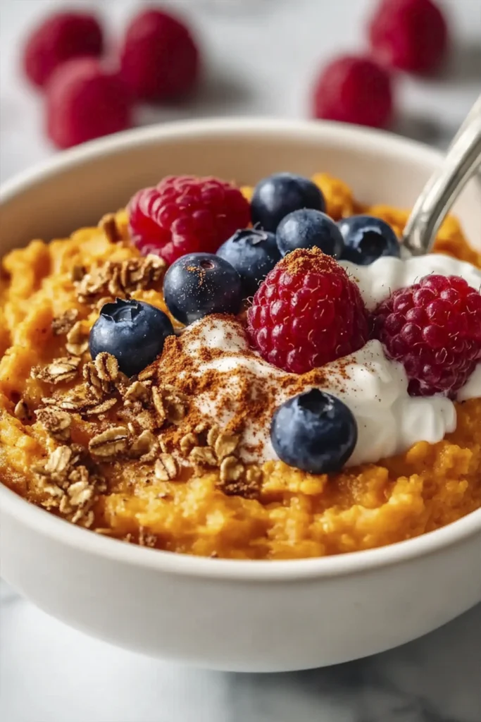 Sweet potato breakfast bowl with granola, berries, and Greek yogurt