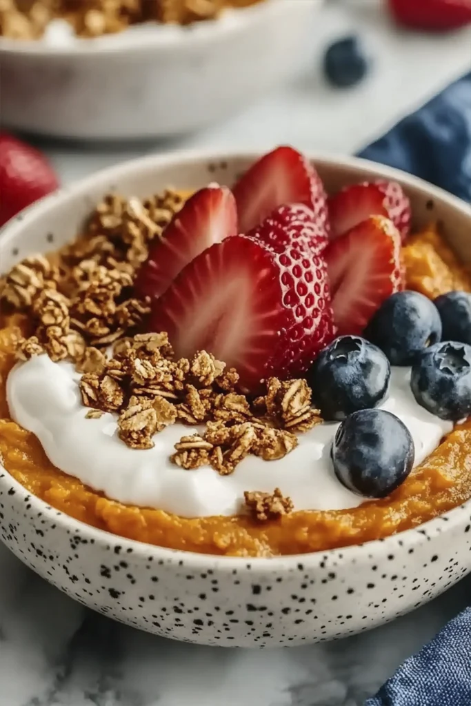 Sweet potato breakfast bowl with cinnamon, yogurt, granola, and fresh berries