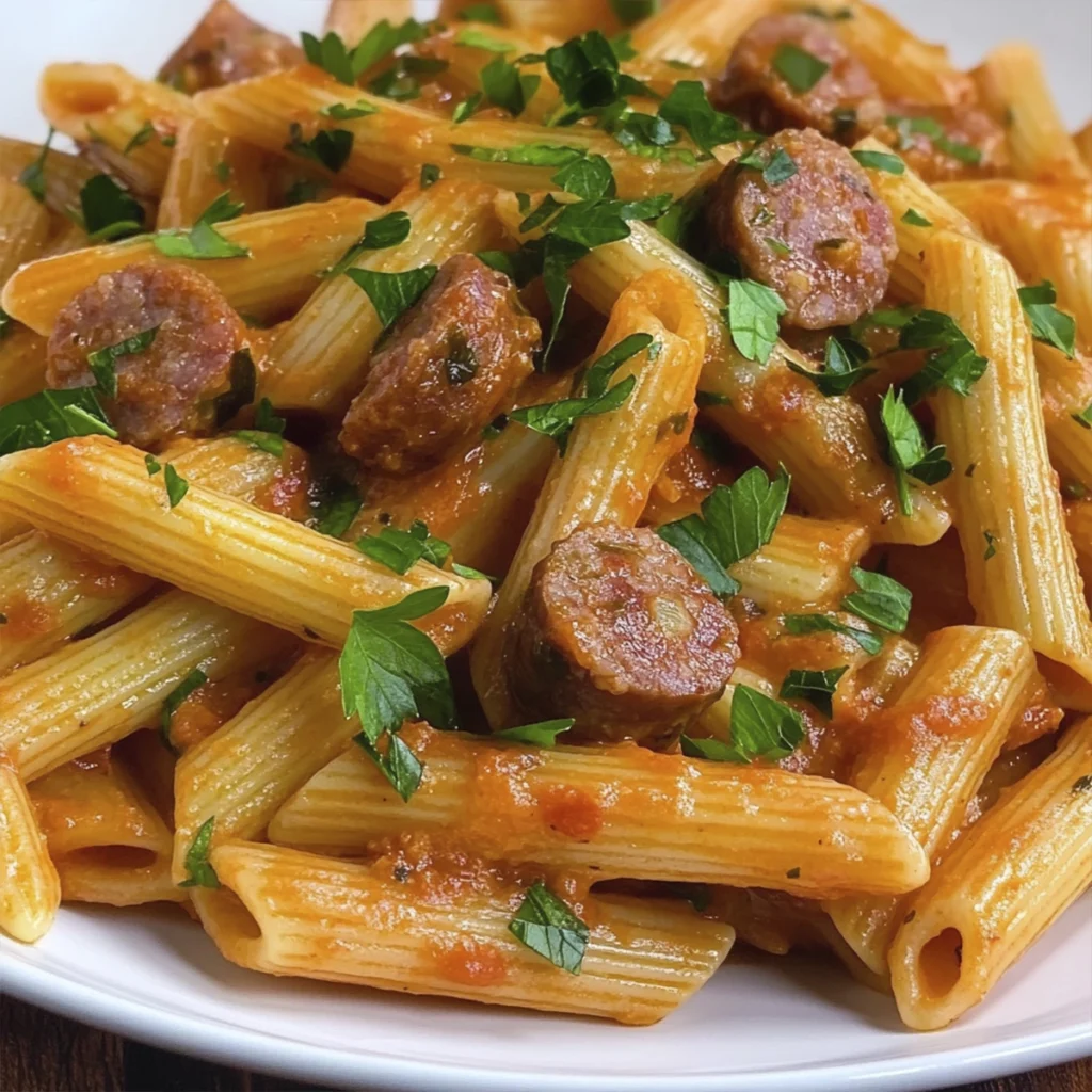 Creamy sausage penne pasta with tomato cream sauce and fresh parsley garnish.