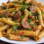 Creamy sausage penne pasta with tomato cream sauce and fresh parsley garnish.