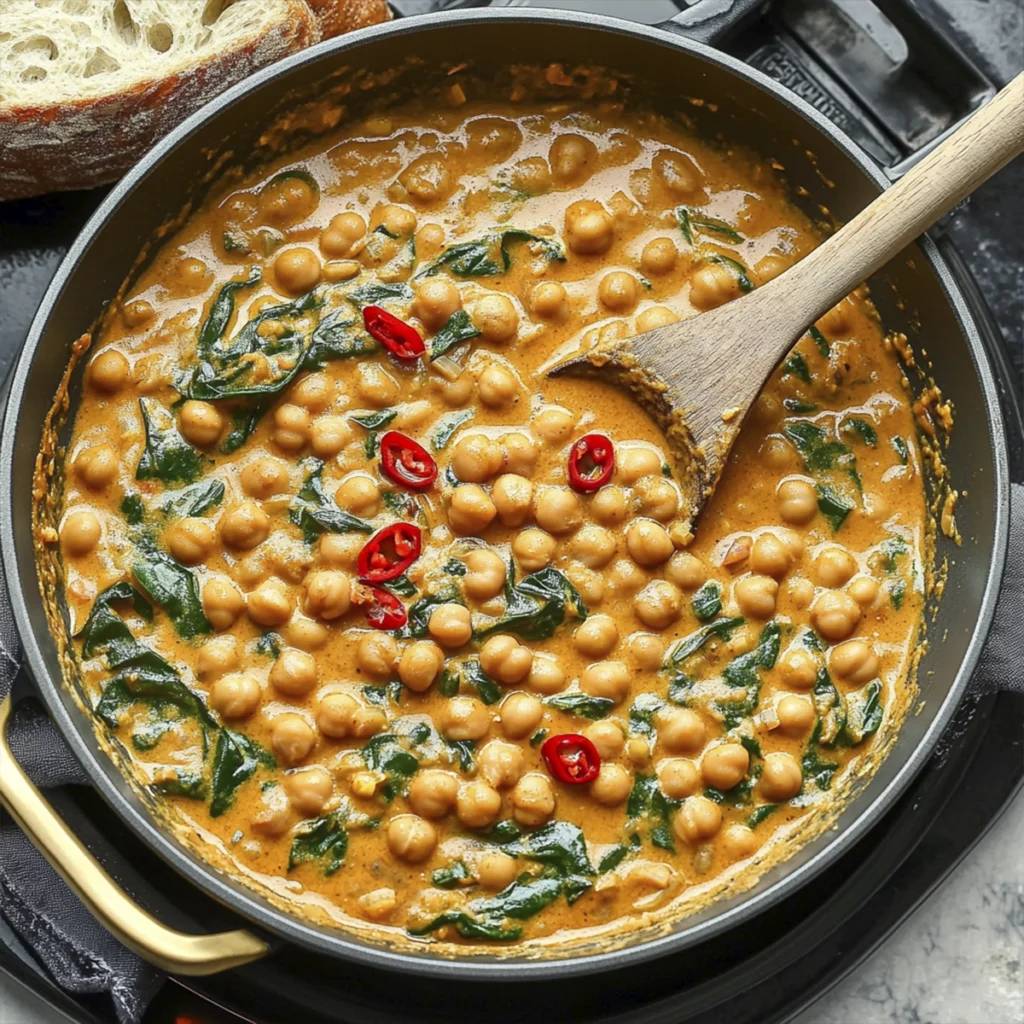 Creamy chickpea curry with spinach and red chili simmering in a skillet with a wooden spoon.