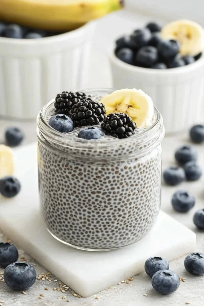 Creamy chia seed pudding in a glass jar topped with blueberries, blackberry, and banana on a white marble surface.