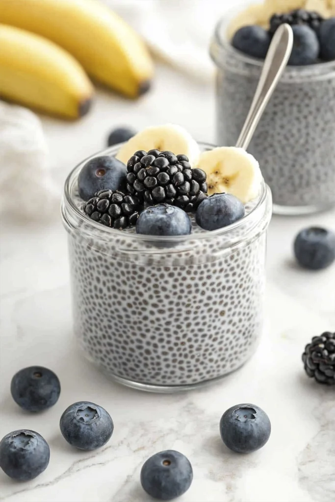 Chia seed pudding in a glass jar topped with blueberries, blackberries, and banana slices on a white marble surface.
