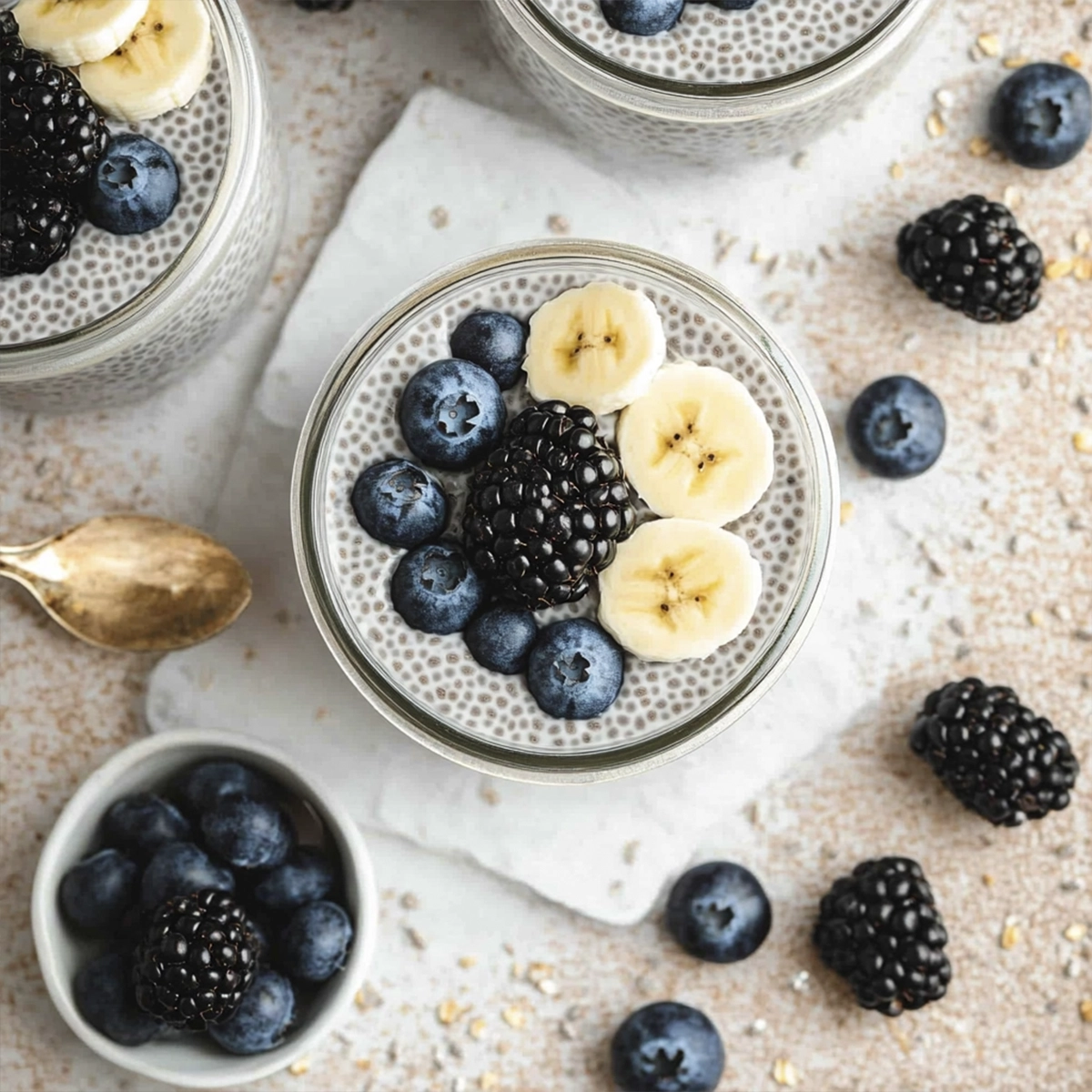 Top-down view of chia seed pudding topped with blueberries, blackberries, and banana slices.