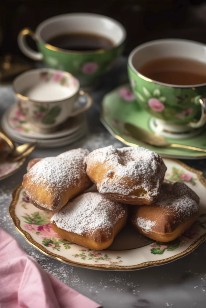 Beignets dusted with powdered sugar served on vintage floral plates with coffee